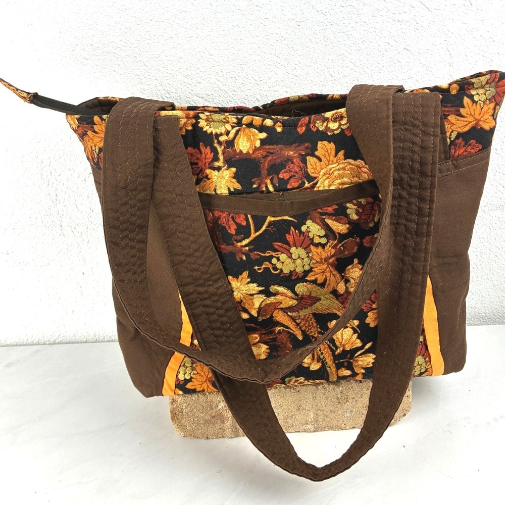 Patchwork Brown Quilted Tote Bag Autumn Floral Bird Print Shoulder Bag
